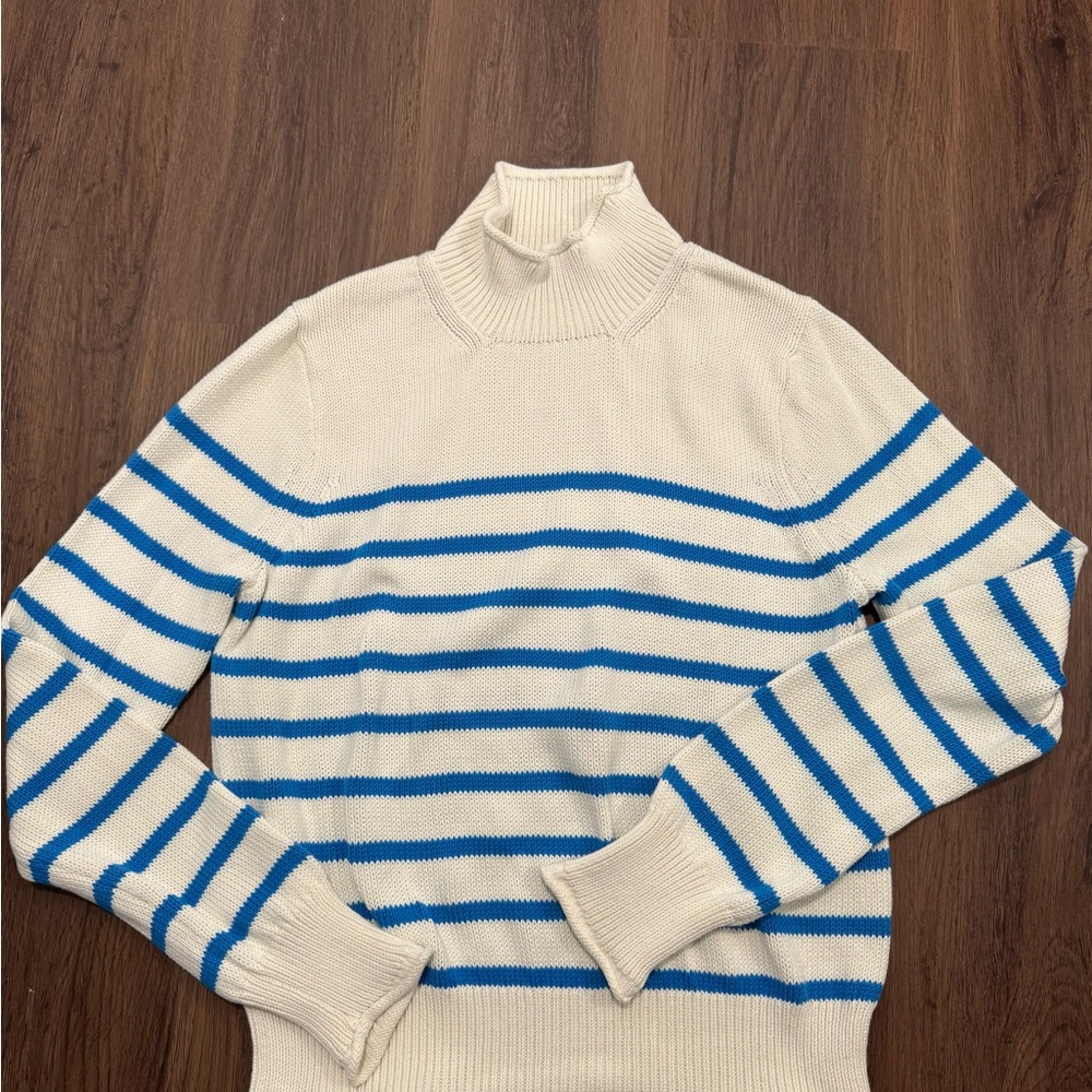 J. Crew White and Blue Striped Turtleneck Sweater